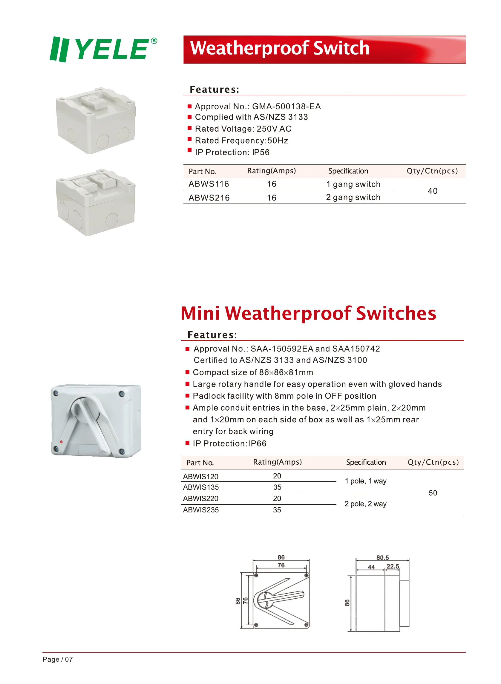 Weatherproof Switch dimension drawings and product views