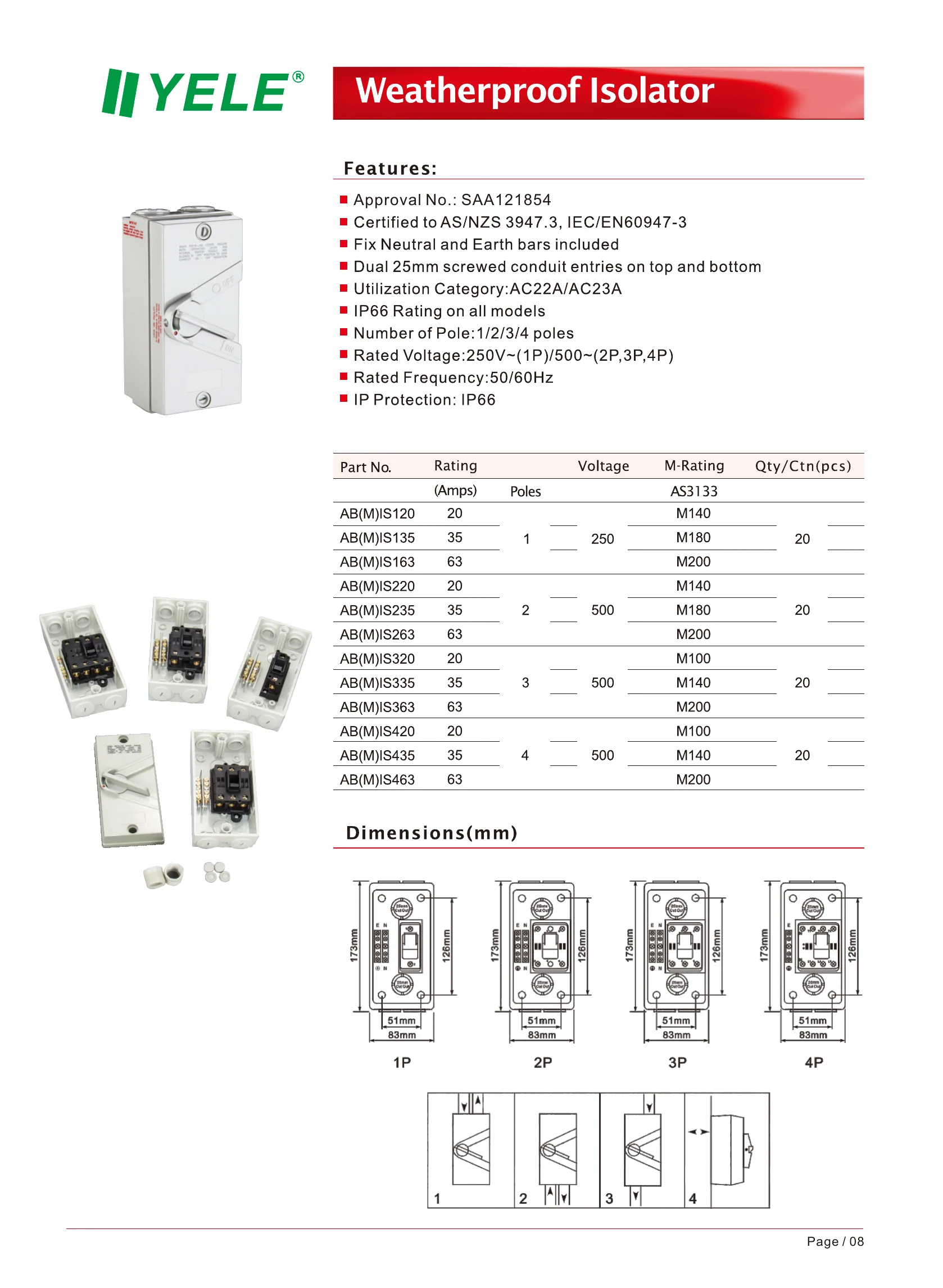 Weatherproof Isolator dimension drawings and product views