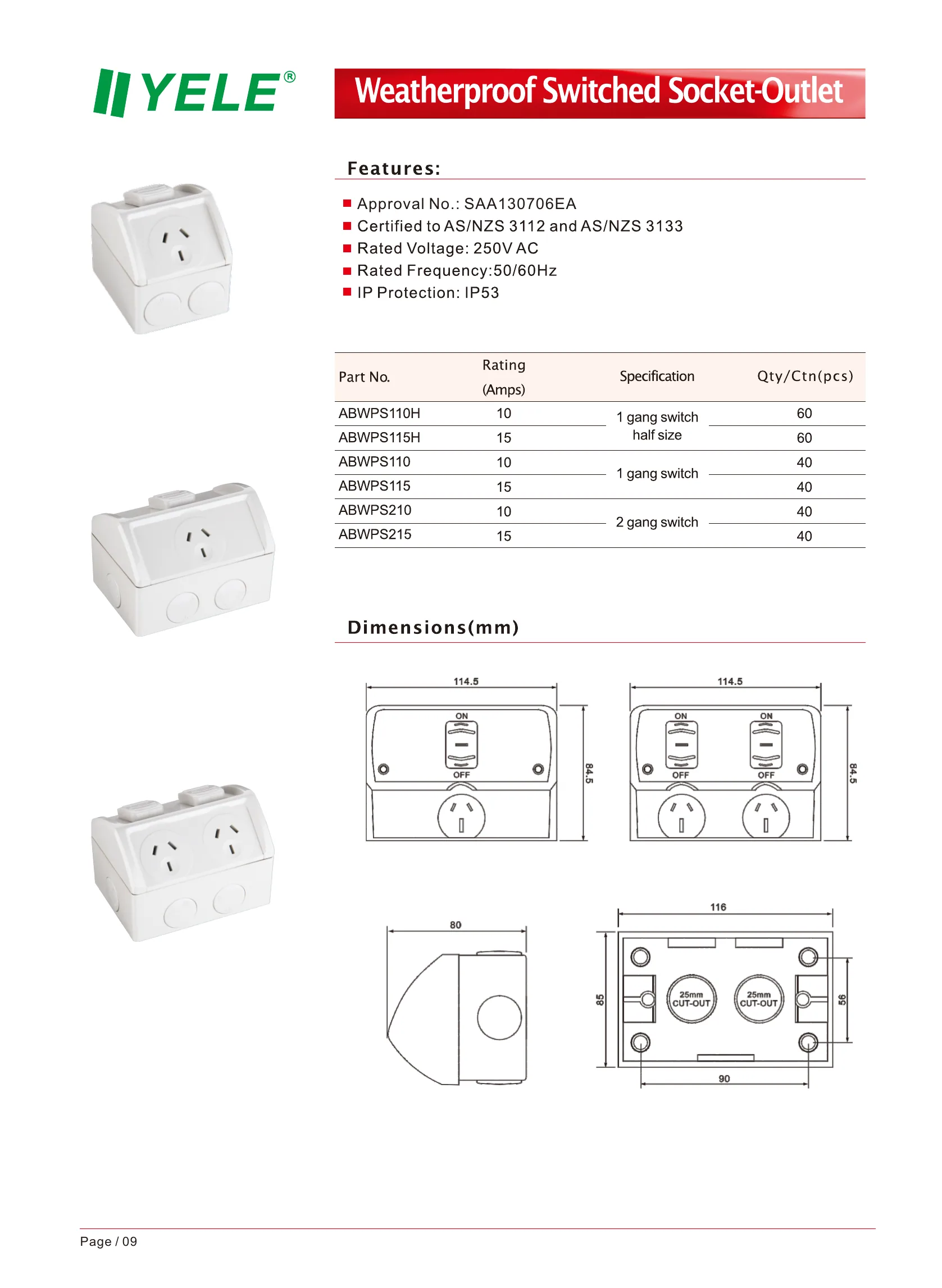 Weatherproof Switched Socket-Outlet dimension drawings and product views