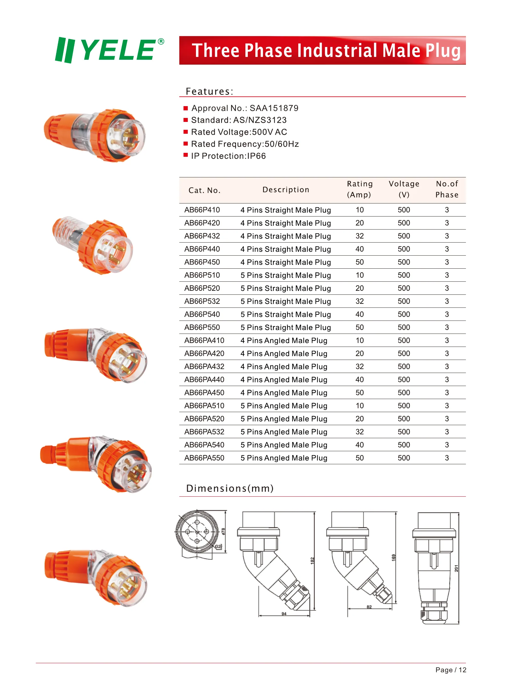 Three Phase Industrial Male Plug dimension drawings and product views