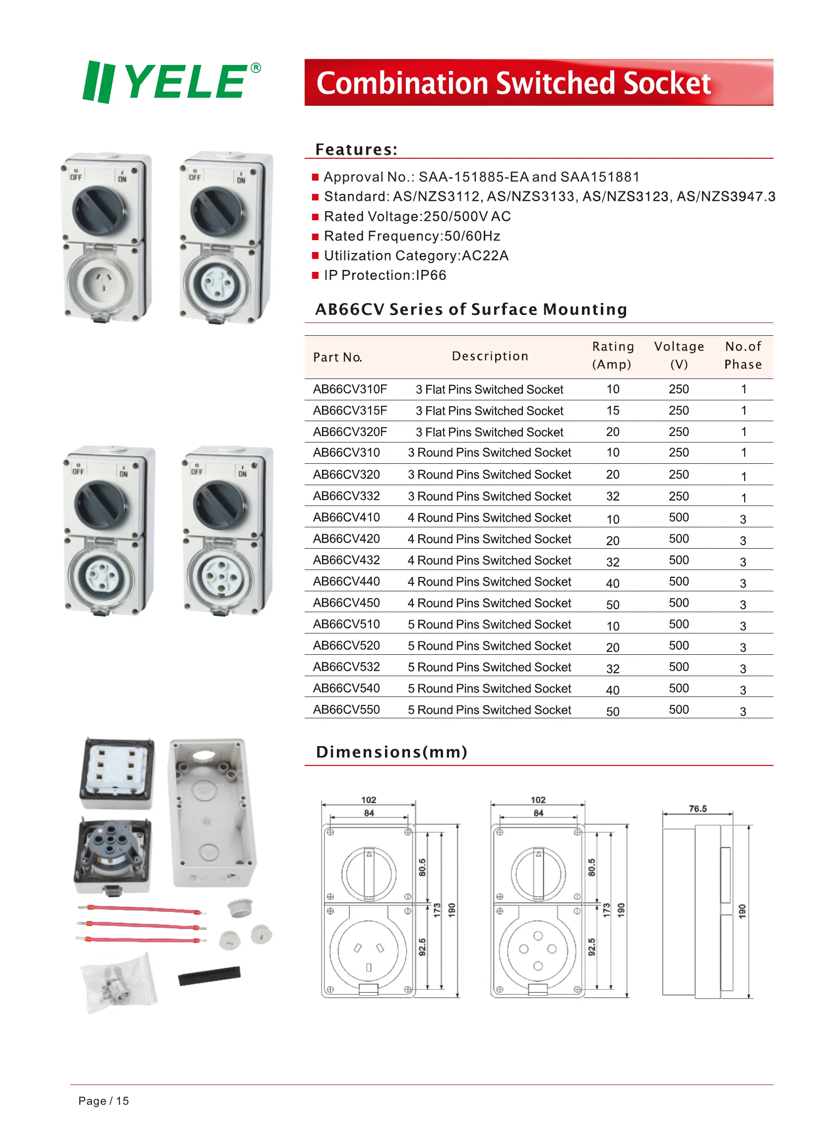 Combination Switched Socket — AB66CV Surface Mounting dimension drawings and product views