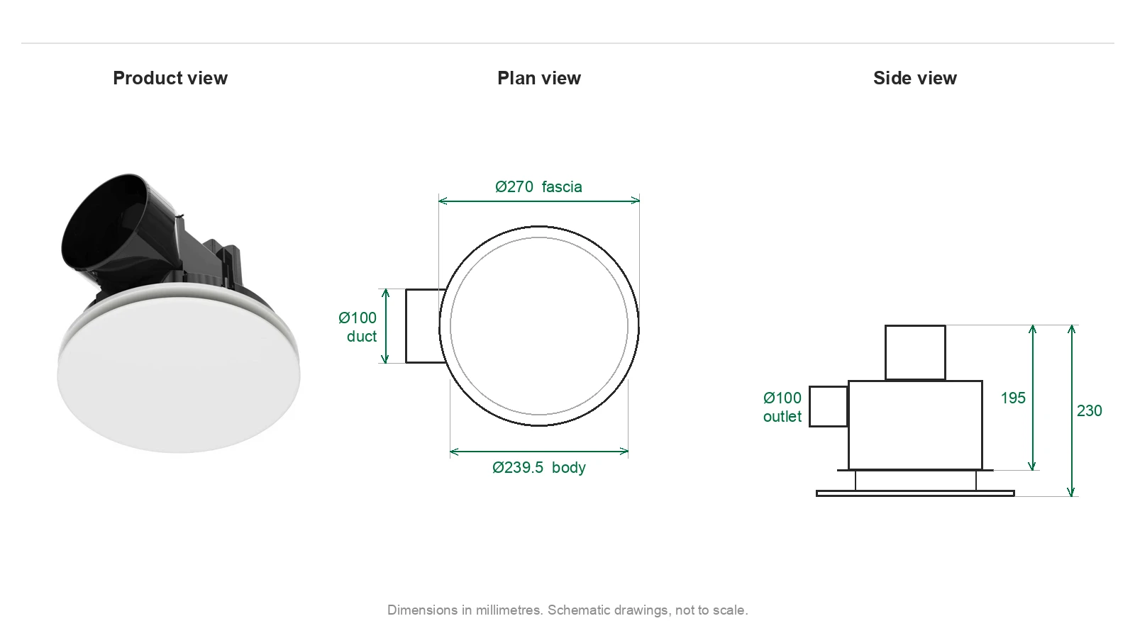 Round Exhaust Fan 240mm product view and dimensions (mm)